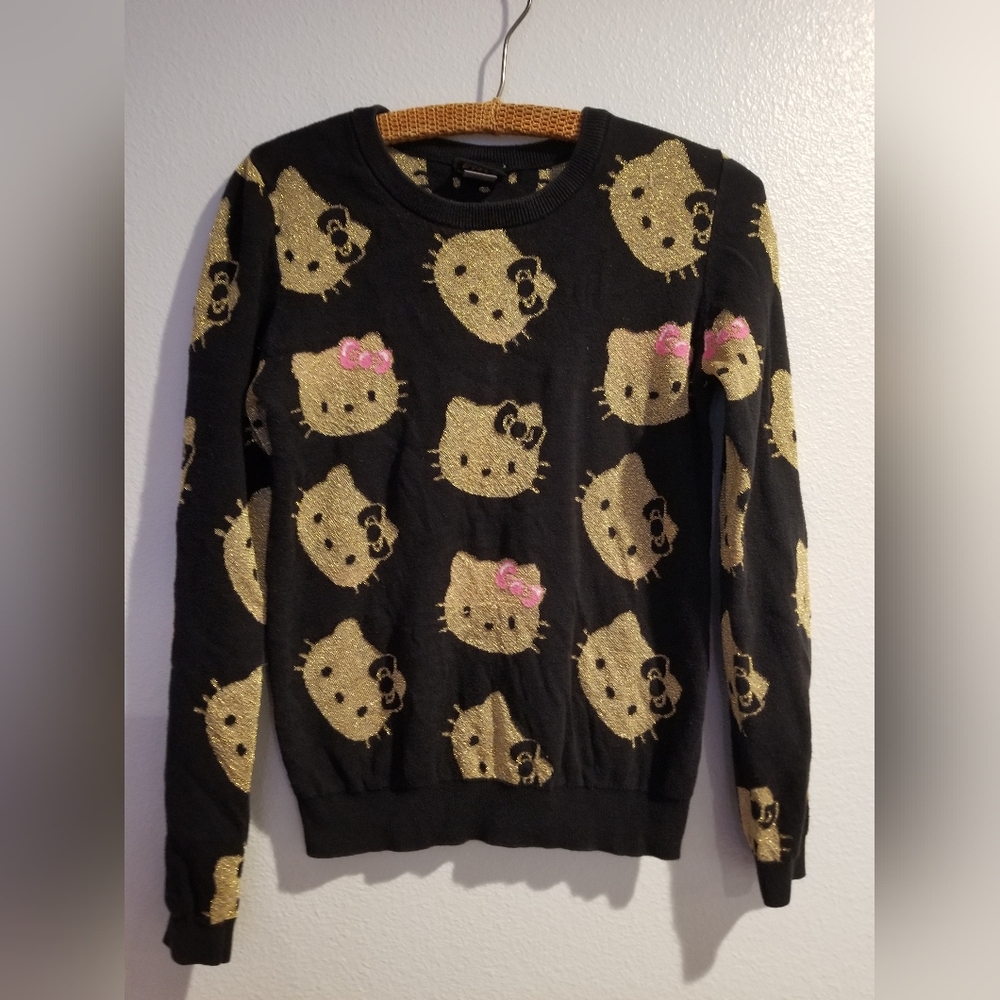 Sanrio Black Sweater with Gold Hello Kitty Faces and Pink Bows